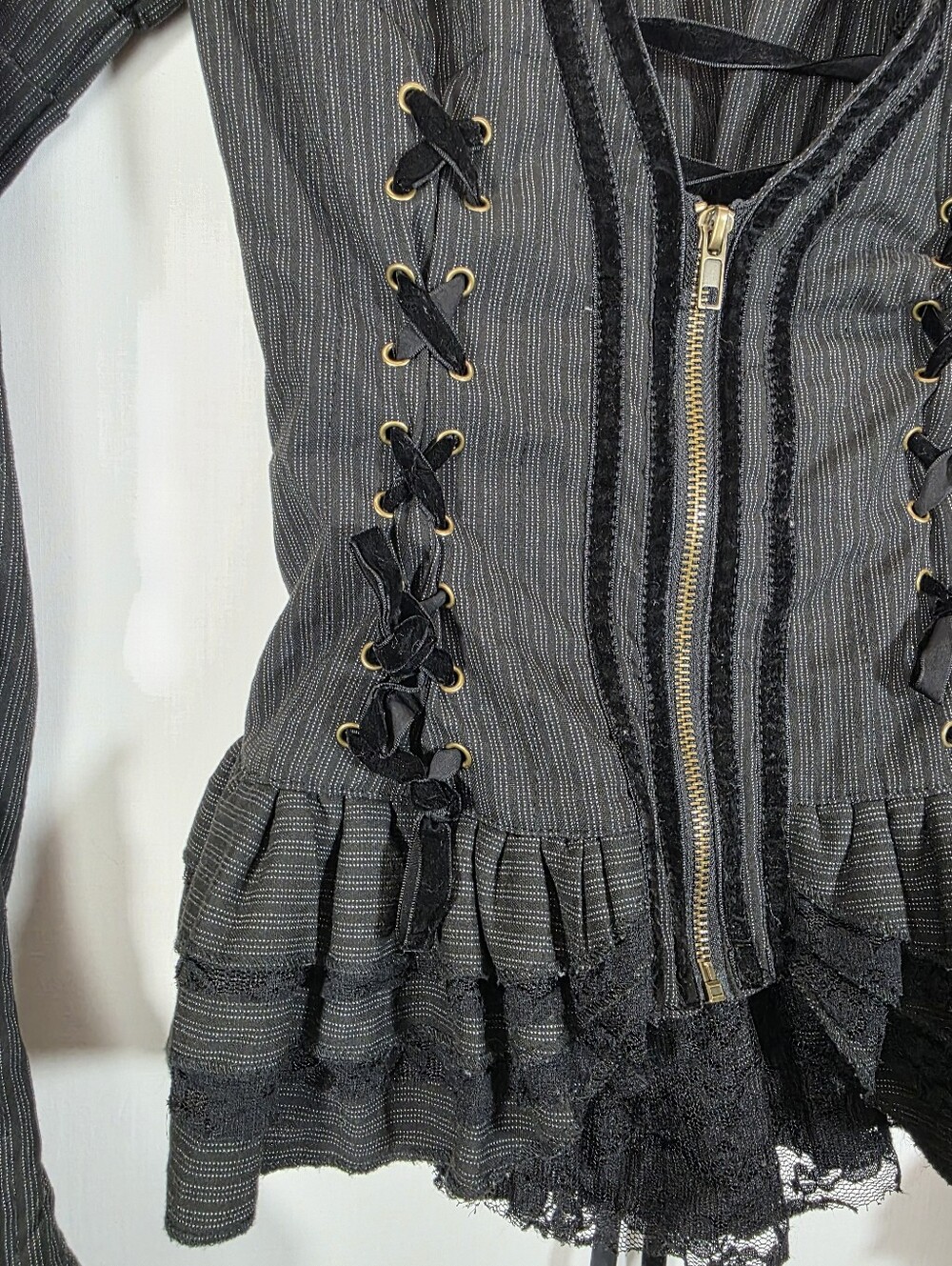Spin Doctor Victorian Goth Pinstripe Corset Top - Velvet Lace Up Bell Sleeve Jac - Picture 3 of 12